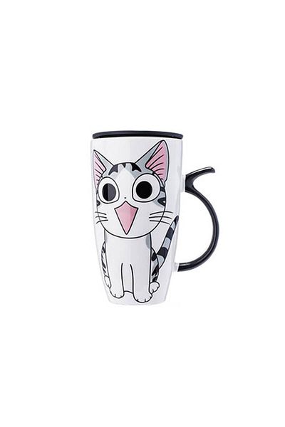 OEM Set Cana Cafea Ceramica Pisica Kitty cu lingurita si capac XXL 600 ml - M1