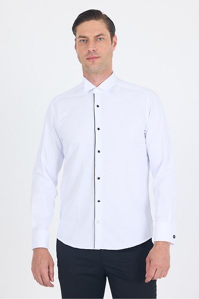 İmza White Ancestor Collar Self Patterned Ceremony Cotton Slim Fit Shirt 1004250215