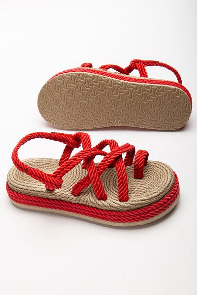 Hayalimdeki Ayakkabı Women's Red Daily Comfortable Sole Straw Sandals Slippers