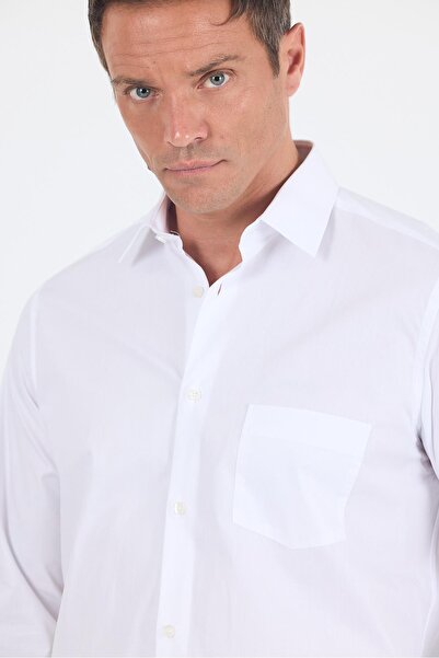İmza Λευκό σκληρό γιακά μακρυμάνικο με τσέπη Comfort Fit 100% βαμβακερό πουκάμισο 1004250222