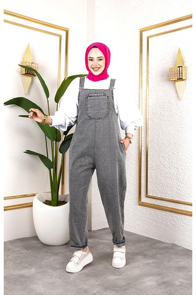 HARMAN BUTİK Women's Gray Denim Jumpsuit with Pockets and Straps