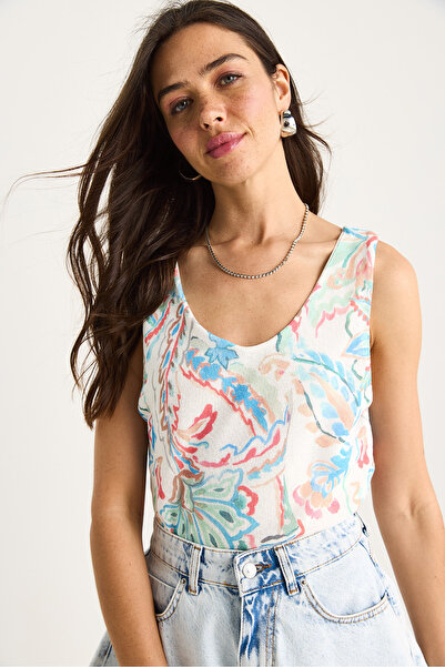 Bianco Lucci Γυναικεία μπλούζα με μοτίβο με χοντρό λουράκι με ψηφιακή εκτύπωση κανονική καλοκαιρινή πλεκτή μπλούζα 60282017