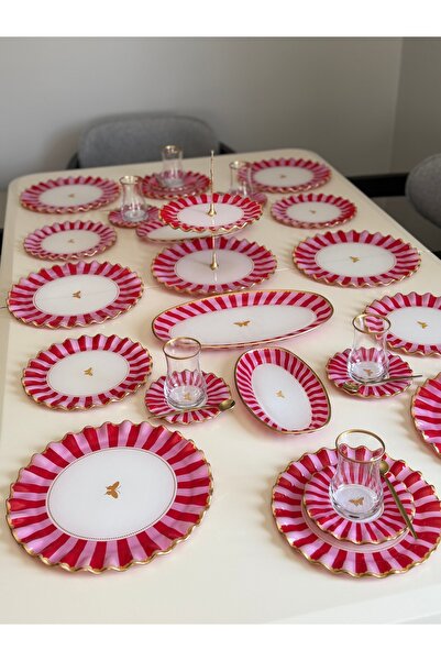 Hediye Köşkü Pembe Kelebekli 34 parça 6 Kişilik Kahvaltı ve Çay Seti