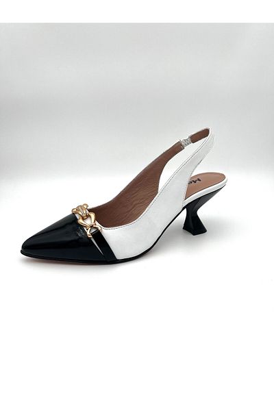 Mariolucci Women's Daily Heeled Shoes Genuine White Leather Body (Toe Genuine Black Patent Leather)