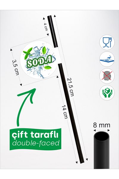 Home Soda Flag Straw 21.5 cm Black Straw, 8mm Thickness, 20 Pieces