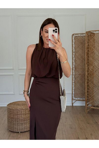 X-Young Front Slit Gathered Dress Brown