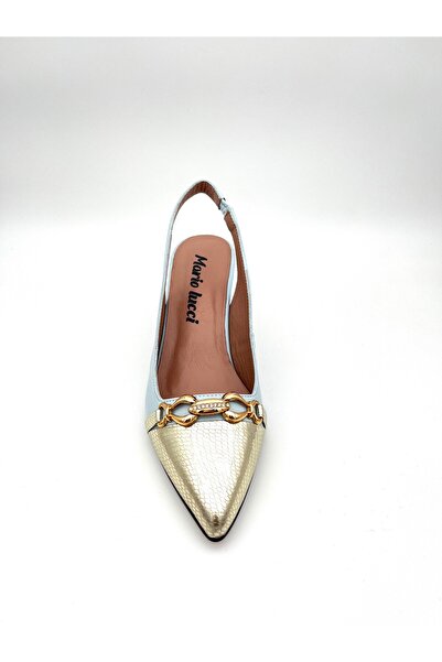 Mariolucci Kadın Günlük Topuklu Ayakkabı Hakiki Bebe Mavisi Deri Gövde (Burun Hakiki Altın Yılan Dokulu Deri)