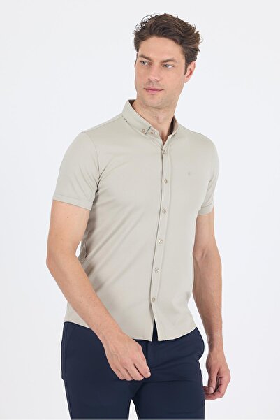İmza Gray Italian Button Collar Short Sleeve Pocketless Slim Fit Shirt 1004250255