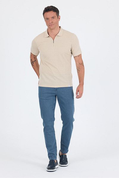 İmza Tricou bej cu mânecă scurtă, simplu, suprem, guler polo, fără buzunare, bumbac, casual, slim fit 1011250162_591