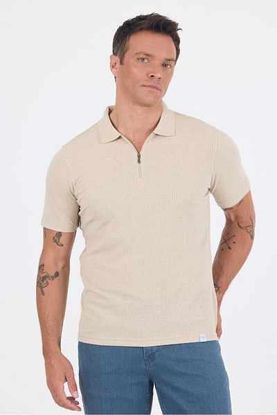 İmza Tricou bej cu mânecă scurtă, simplu, suprem, guler polo, fără buzunare, bumbac, casual, slim fit 1011250162_591