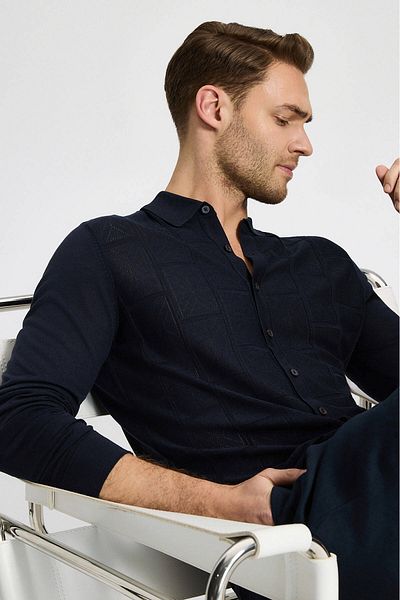 Hemington Openwork Knit Detailed Silk Blend Navy Blue Knitwear Shirt