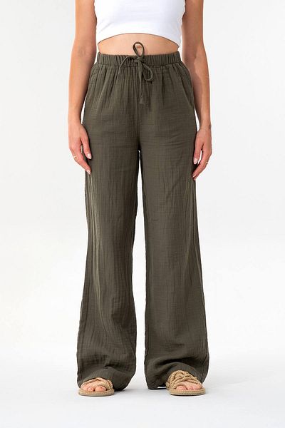 Fashion Showcase Muslin 100% Natural Cotton Elastic Waist Wide Leg Trousers Khaki