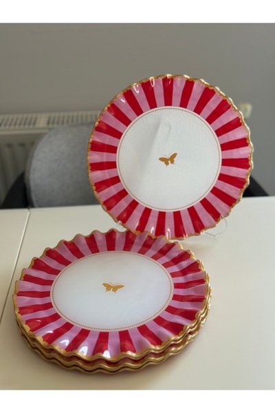 Hediye Köşkü Pembe Kelebek 6 Kişilik Lüks Cam Servis Tabak