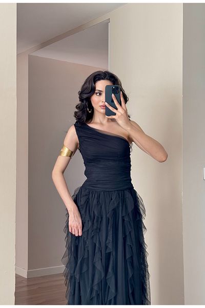 LOCH BUTİK Women's Black Ruffle Maxi Tulle Dress