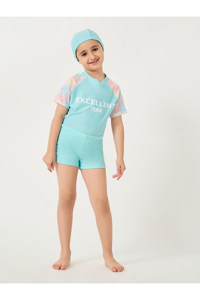 Styli Typography Print Short Sleeve Swimsuit with Cap