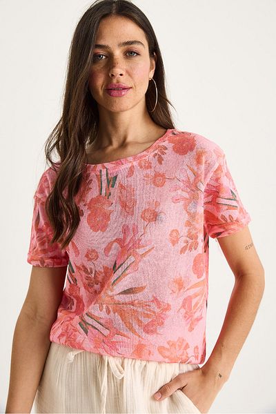 Bianco Lucci Women's Crew Neck Patterned Digital Printed Regular Summer Knitted T-Shirt 60282015