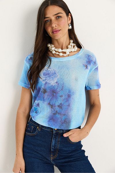 Bianco Lucci Tricou tricotat de vară, cu model, cu imprimeu digital, pentru femei 60282015