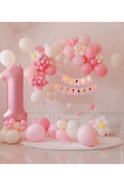 CUGY Pink White Daisy Detailed Concept Birthday Decoration Age Option Party Set