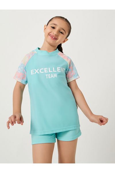 Styli Typography Print Short Sleeve Swimsuit with Cap