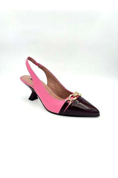 Mariolucci Women's Daily Heeled Shoes Genuine Barbie Pink Leather Body (Toe Genuine Burgundy Patent Leather)