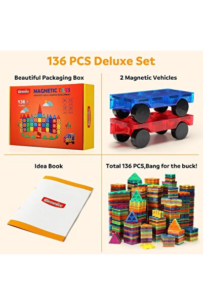 KİDOL Gemmicc Magnetic Tiles, Deluxe 136 PCS Building Blocks Magnet Toys for Kids, 3D Magnet Puzzles Stack