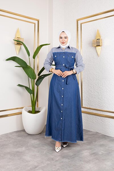 HARMAN BUTİK Γυναικείο ριγέ τζιν φόρεμα με ζώνη