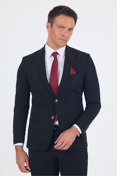 İmza Black Mono Collar Half Lining 6 Drop Slim Fit Elastic Waist Suit 1001250121