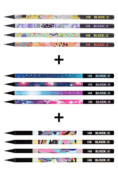 Adel Blackline Mixed Pencil Set of 12, Space Pattern, Neon, Mosaic Pattern Concept Pencils
