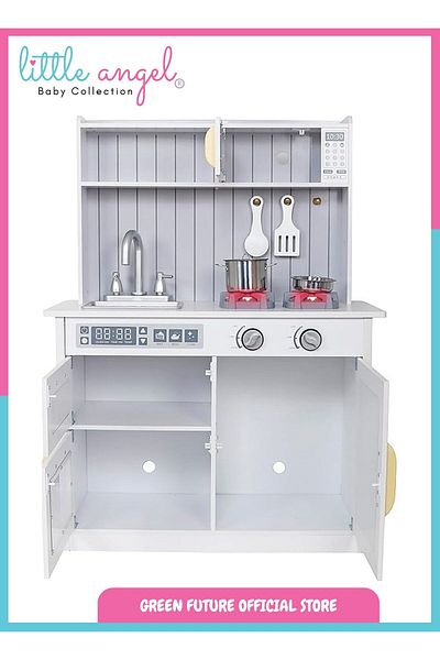 LITTLE ANGEL Kids Wooden Play Kitchen – Pretend Cooking Set with Lights, Sounds & Accessories