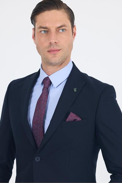 İmza Navy Blue Plain Gabardine Sword Collar 2 Buttons Cotton 6 Drop Slim Fit Basic Suit 1001250011_206