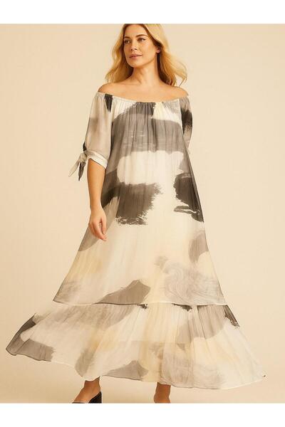 Butik İtalyan Fırça Desenli İpek Elbise - BEYAZ