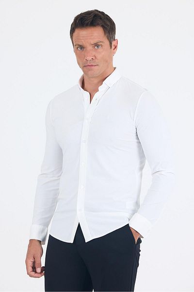 İmza White Smart Button Collar Long Sleeve Pocketless Slim Fit Stretch Shirt Shirt 1004250252