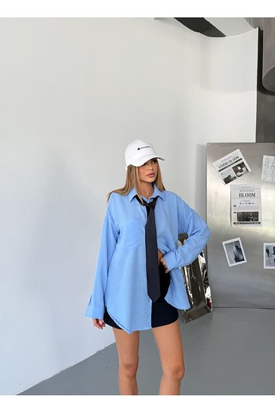 COMBİNE MİCHAİL Γυναικείο λινό πουκάμισο Sky Blue με τσέπη Ayrobin