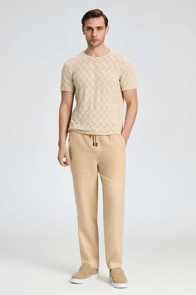 Hemington Linen Cotton Openwork Pattern Crew Neck Cream Color Knitwear T-Shirt