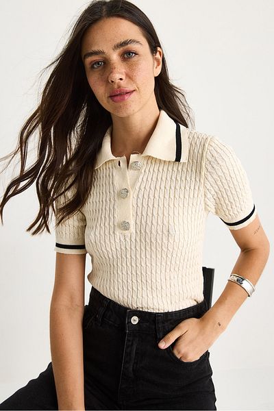 Bianco Lucci Women's Eight Bowknot Knitted Stripe Detailed Polo Neck Knitwear T-Shirt 20258022