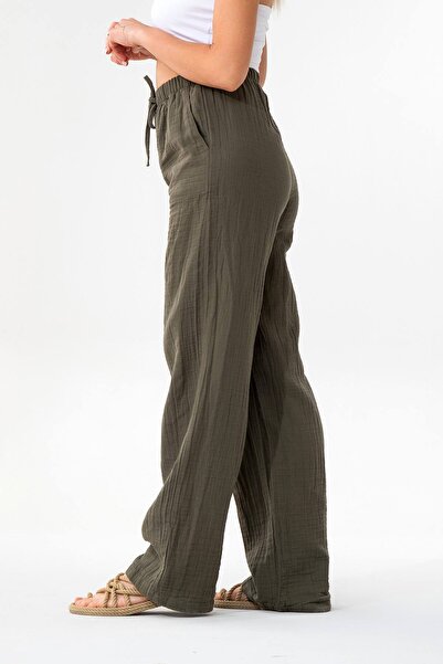 Fashion Showcase Muslin 100% Natural Cotton Elastic Waist Wide Leg Trousers Khaki
