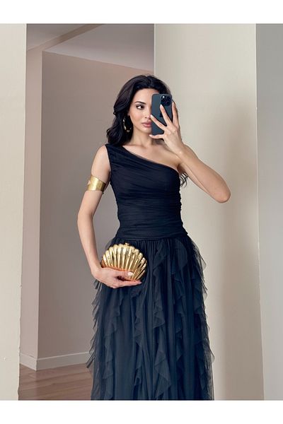 LOCH BUTİK Women's Black Ruffle Maxi Tulle Dress
