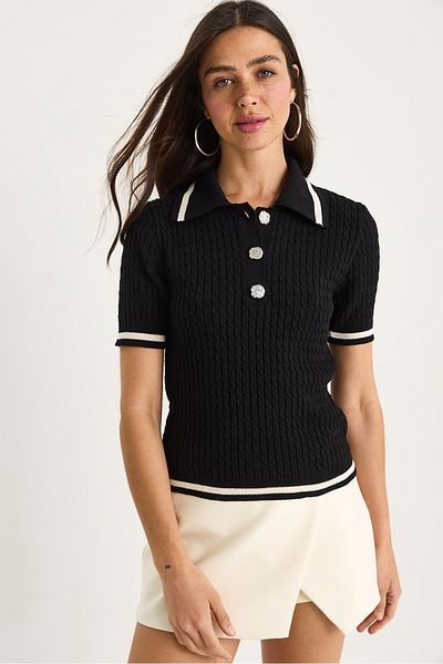 Bianco Lucci Women's Eight Bowknot Knitted Stripe Detailed Polo Neck Knitwear T-Shirt 20258022