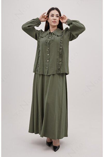 dayen giyim Yeşil Modal Kumaş Bluz Etek Takım Yaka Ve Yanları Büzgü Detaylı