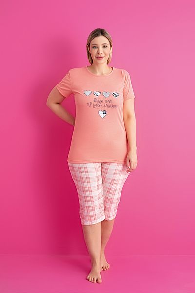 RİNDA Women's cotton pajamas plus size, short sleeve, 3/4 pants – Step Out, Salmon