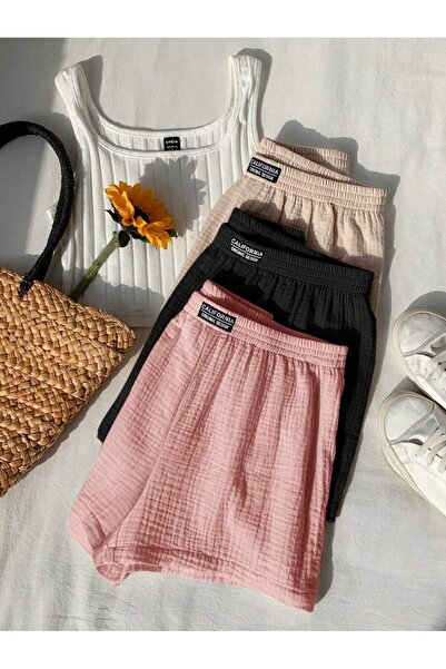 MOONBULL Kadın California Etiket Detaylı Bürümcük Kumaş Rahat Kesim 3'lü Şort
