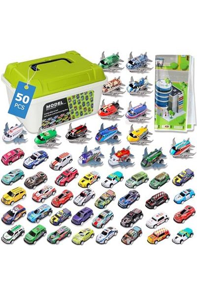 supecaty Pull-Back Cars and Planes Set with Box and Map for Kids, 50 Pieces