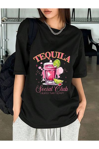 Frisson Cotton Black Oversize Crew Neck Comfortable T-Shirt "Tequila" Printed T-Shirt