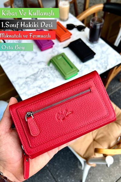 CüzCan Julia Red Genuine Leather Women's Wallet Medium Size Stylish and Convenient