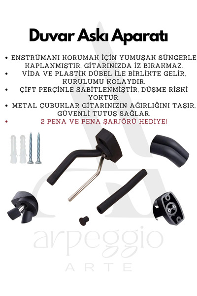 arpeggio ARTE Guitar Wall Mounting Bracket Set |   6 Piece Set |   Screw-On, Sponge Holder |   Compatible with Violin & Ukulele |