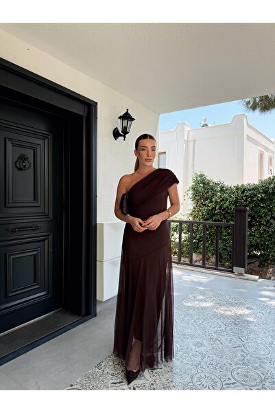 BOUQUET OF TULİP Tek Omuz Maxi Boy Tül Elbise