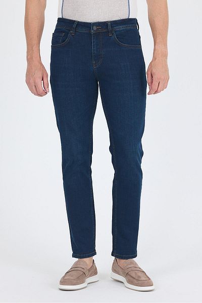 İmza Navy Blue Gabardine 5 τσέπες ίσιο πόδι Casual Slim Fit βαμβακερό τζιν παντελόνι 1023250153