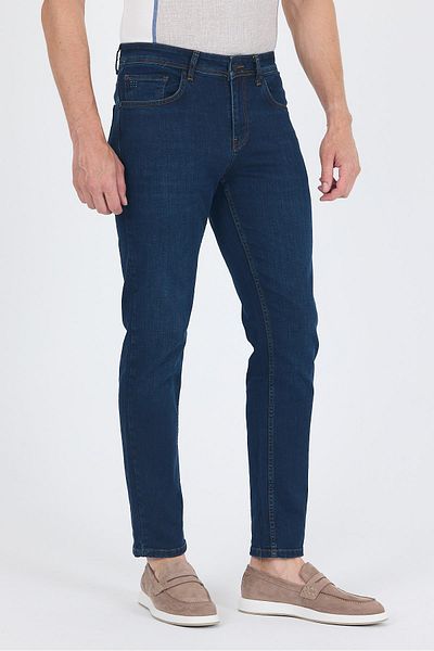 İmza Navy Blue Gabardine 5 τσέπες ίσιο πόδι Casual Slim Fit βαμβακερό τζιν παντελόνι 1023250153