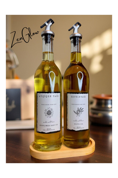 ZenGlow Lüx Şık 2'li Ahşap Standlı Şeffaf Cam Yağlık Yağdanlık Set 750 ml