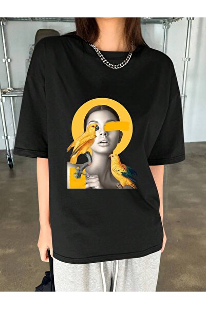 ELNOYA Unisex Cotton Black Oversize "Parrot" Printed Crew Neck Comfortable T-Shirt
